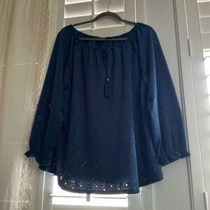 Rafaella Navy Eyelet Peasant Top, XXL